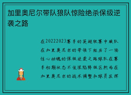 加里奥尼尔带队狼队惊险绝杀保级逆袭之路